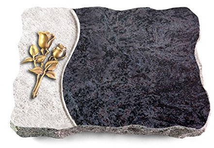 MEMORUM Grabmale Grabplatte, Grabstein, Grabkissen, Urnengrabstein, Liegegrabstein Modell Wave 40 x 30 x 5 cm Orion-Granit, poliert inkl. Gravur (Bronze-Ornament Rose 11)