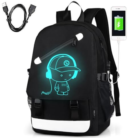 Anime Luminous Backpack Noctilucent School Bags Daypack USB chargeing Port Laptop Bag for Cool Girls Boys Teens Outdoor Backpack (Black-Music boy)