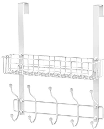 MILIJIA Coat Rack, Over The Door Hanger with Mesh Basket, Detachable Storage Shelf for Towels, Hats, Handbags, Coats (White)