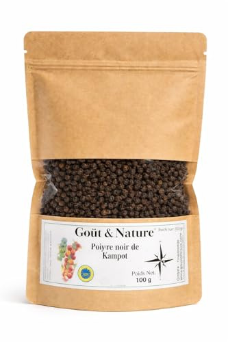 Poivre de Kampot IGP Noir en Grains – 100 g – Poivre Premium du Cambodge – Arôme Intense – Idéal Moulin, Viandes, Poissons et Sauces