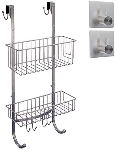 smartpeas Mensola per Doccia da Appendere in Finitura Grigio/Cromo – 2 Livelli di Ripiani per Doccia, 59,3 x 30 x 11 cm, in Acciaio Inossidabile, Cestino da Doccia Senza Fori + 2 Ganci Adesivi