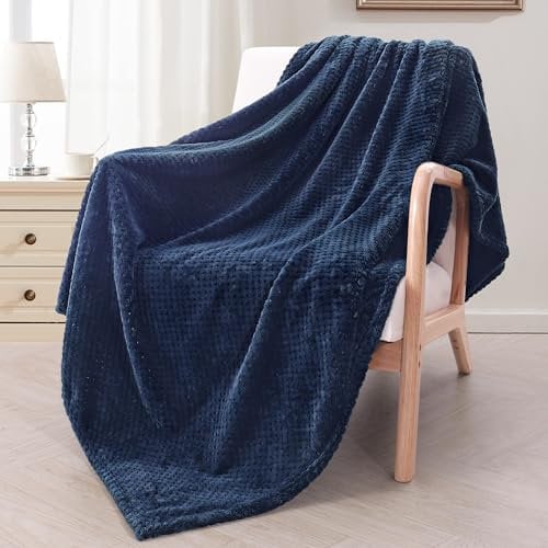 Exclusivo Mezcla Extra Large Fleece Throw Blanket, 127x178 CM Soft Jacquard Weave Waffle Pattern Throws for Sofa Settees, Navy Blue