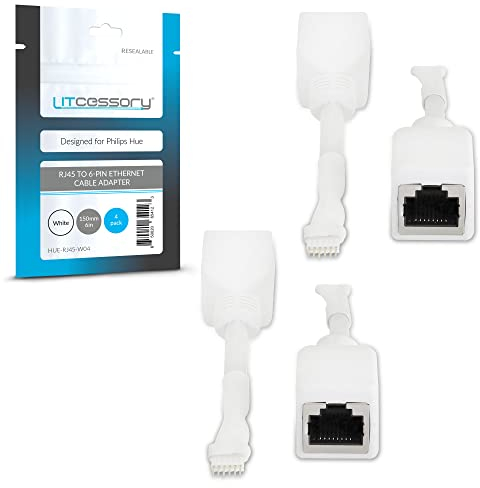 Litcessory Adaptateur de Câble Ethernet RJ45 à 6 Broches pour Philips Hue Lightstrip Plus (Lot de 4 - Deux Paires, Blanc - Micro 6-Broches V4 / Solo Lightstrip)