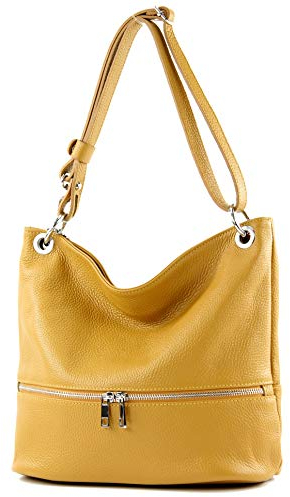 modamoda de - T143 - ital. Leder Schultertasche Umhängetasche, Farbe:Curry