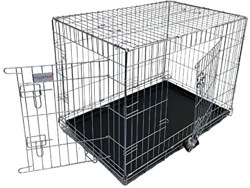 HugglePets Dog Puppy Cage Plastic Tray 2 Doors Dual Locks Foldable Carry Handle Lightweight (X-Small, Silver)