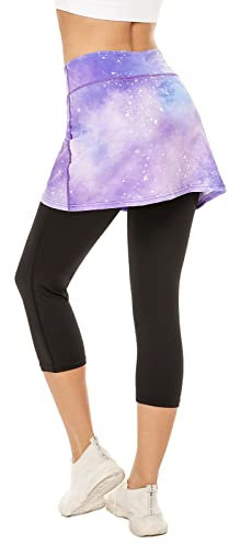 Ibeauti Leggings da donna UPF 50+ con gonna per yoga, pantaloni da golf e tennis, per corsa, allenamento attivo, Galaxy viola, M