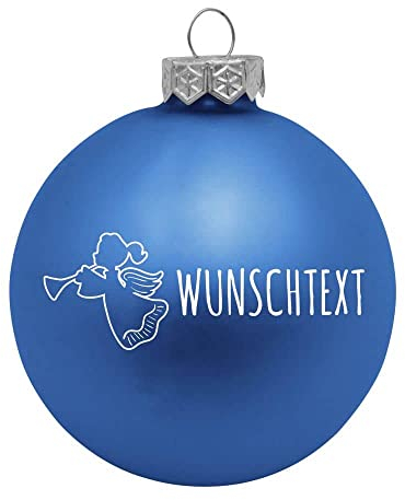 Deitert Weihnachtskugel mit Wunschtext Gravur, Ø 8cm, personalisierte Christbaumkugel aus Glas (matt), Individueller Weihnachtsbaumschmuck Namen oder Spruch, Engel-Motiv, Blau