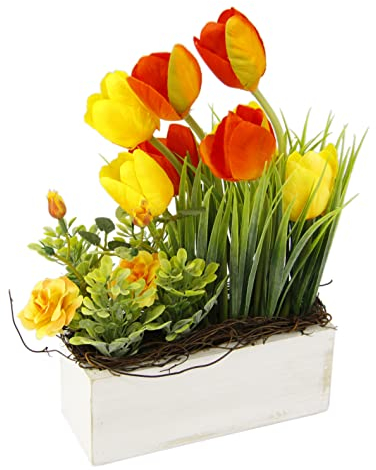 Gesteck aus Tulpen Wildrosen und Gras im Topf aus Holz Künstliches Kunstblume Unechte Gefälschte Tulpe Reisig Deko Blumen Osterdeko Frühjahrsdekoration Tischdeko Frühjahr Floristik Blumendeko