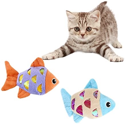 Andiker Fisch Spielzeug für Katzen, 2 Stück interaktive Plüschtiere für Katzen, die Papier Fisch Katzenminze Kauspielzeug niedliche Katze lustige Spielzeuge (Goldfisch)