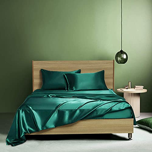 Spannbettlaken 160x200 Boxspringbett Frottee Satin Dunkelgrün Grün Uni Muster Topper Satin Bettlaken Satin Glänzend Seide Spannbetttuch 160 x 200 Spannbetttücher für Hohe Matratze bis 25-30 cm