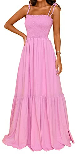 kinstell Robe longue d'été 2025 décontractée bohème sans manches avec bretelles spaghetti smockées et col carré à volants pour femme, rose, Taille L