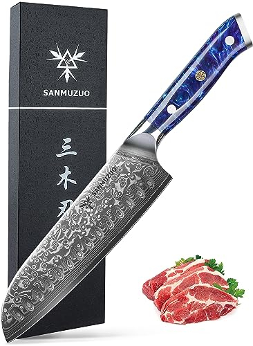 SANMUZUO Coltello Santoku Professionale - Coltello da Cucina 18 cm, Coltello di Acciaio Damasco da 67 Strati- Impugnatura Ergonomica Resina - Xuan Series (Sapphire Blue)