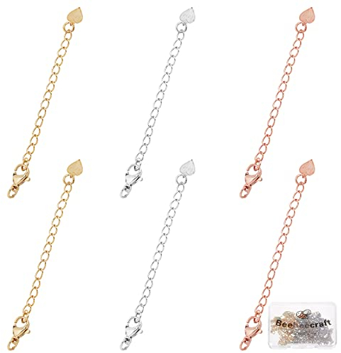 Beebeecraft 18 Pcs 3 Couleurs Plaqué Or Rallonges de Collier Doré Or Blanc Or Rose Couleur Bracelet Cheville Chaîne D'Extension avec Fermoirs Homard et Breloques Coeur pour la Fabrication