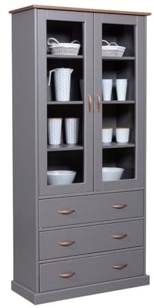 AltoBuy Melina - Vitrine 2 Portes 3 Tiroirs en MDF Laqué Gris Foncé
