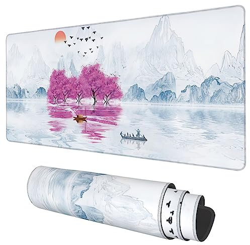 Desk Mat, Cherry Blossom Tree Oil Ink Painting Extended Gaming Mouse Pad Large, 35.4x15.7 Big Mouse Pad with Non-Slip Base and Stitched Edge, Long Computer Keyboard Mouse Mat for Home Office Work