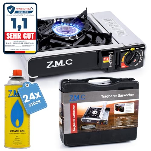 Z.M.C Edelstahl Gaskocher 1-flammig + Aufbewahrungskoffer + 24x Gaskartuschen 227g, Campingkocher für Outdoor und Innenraum, Campinggaskocher 2,2 kW, Balkon Tischgrill mit Piezozündung