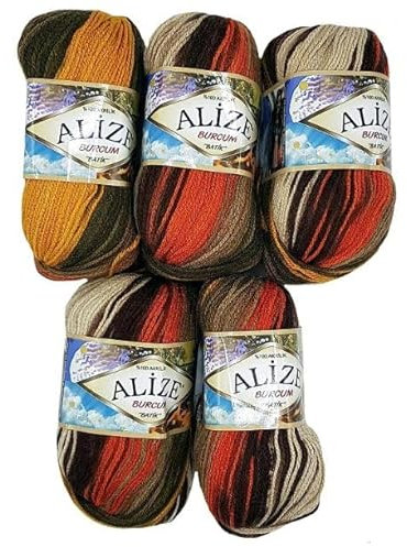5 x 100 Gramm Alize Burcum Batik Wolle mehrfarbig mit Farbverlauf, 500 Gramm Acryl Strickwolle bunt (ocker orange braun 6060)