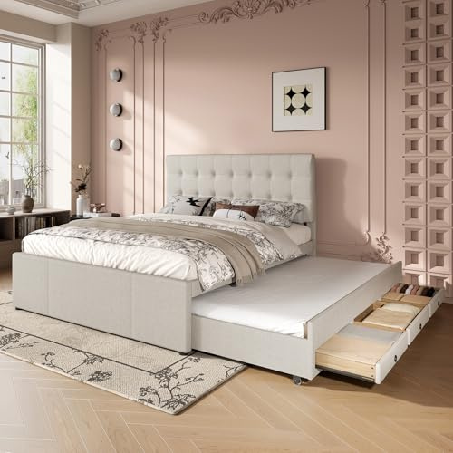Moimhear Polsterbett, 140x200cm Doppelbett, Familienbett, Ehebett mit DREI Schubladen, Ausziehbares Bett, Verstellbares Kopfteil (Beige)