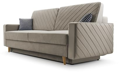 Sofa aus Samtstoff mit Schlaffunktion und Bettkasten Couch für Wohnzimmer Schlafsofa Sofagarnitur Polstersofa Wohnlandschaft mit Bettfunktion Velours 230x100x85cm - CALIFORNIA - Cappuccino (Paros 03)