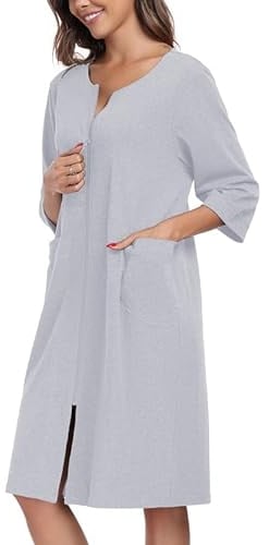 COLORFULLEAF Damen Bademantel mit Reißverschluss Leicht Morgenmantel 100% Baumwolle Hausmantel 3/4 Ärmel Nachthemd mit Taschen(Grau,XL)
