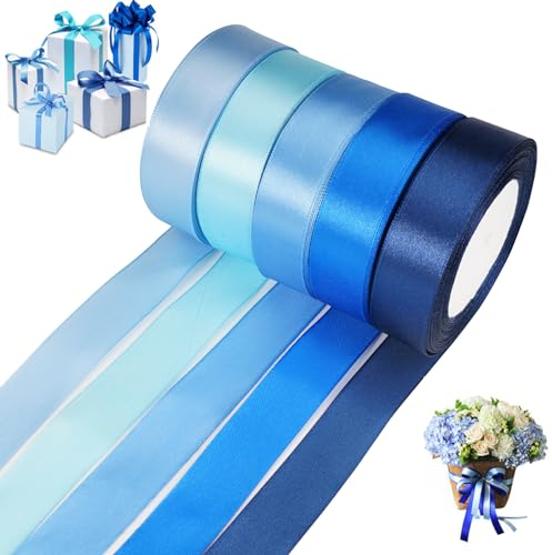 DGN 5 Rollen Schleifenband Blau, 22mx25mm Satinband Dekoband, Geschenkband Schleifenband, Stoffband Set, Bänder für Geschenk, Basteln, Nähprojekte, Haarschleifen, Brautstrauß, Hochzeits Dekoration