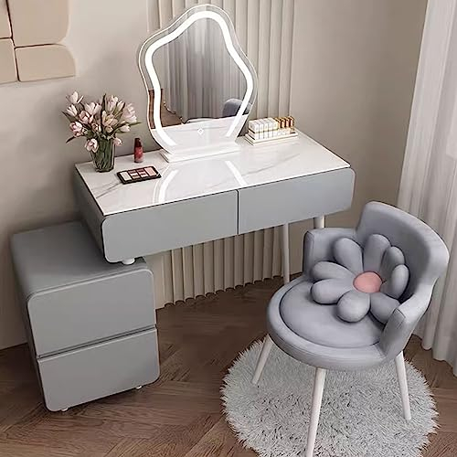 XIAOZHUANGXIONG Schminktisch mit Hocker und Beleuchtung, Frei Versenkbar, Platzsparend, mit Schubladen aus Massivholz und Wolkenförmigem LED-Schminkspiegel (Color : Gray, Size : 80CM_Flower Chair)
