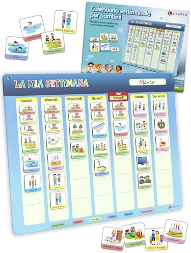 LIKARTO Calendario settimanale bambini, lavagna magnetica, 198 magneti | 42 x 32 cm, 161 magneti attività, 29 vuoti, scrivibile e cancellabile, con cordoncino