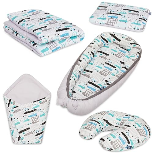 Peti Bebe Baby 5 in 1 Babynest + Bettwäsche + Bettkissen + Puckdecke + Fütterungskissen