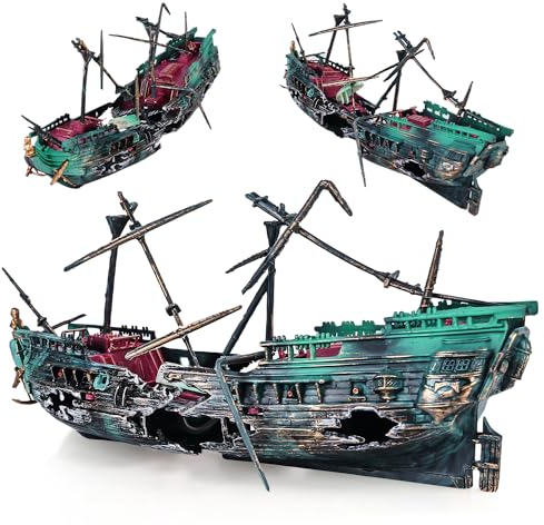 Nizirioo Aquarium Schiffswrack Dekorationen, Aquarium Dekoration Piratenschiff -Air Bubbler versunkenes Schiff Ornament- Aquarium Luftpumpe Angetrieben Aktion Dekor (dunkelgrün)