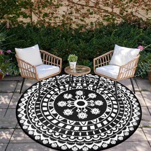 Capslpad Tapis d'extérieur bohème rond 180 cm imperméable réversible portable résistant aux UV en paille de plastique pour tente, camping-car, jardin, balcon, terrasse, M16LP41
