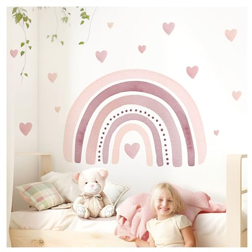 Little Deco rosa Regenbogen Wandtattoo für Kinderzimmer Herzen Aquarell Wandsticker Groß Babyzimmer Wandaufkleber Pastell Schlafzimmer Deko DL5009-02
