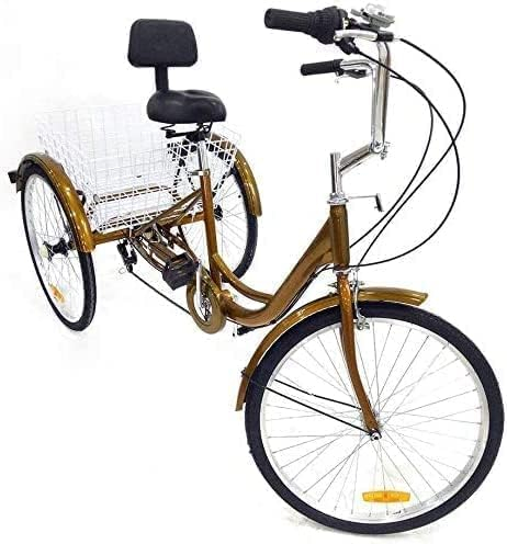 VonVVer 24 Zoll Dreirad für Erwachsene - 6 Gang Dreiräder Erwachsene mit Korb 120KG Last Höhenverstellbar 3 Räder Fahrrad Cityräder Cruise Einkaufsrad für 155-185cm Senioren Frauen Ältere(Gold)