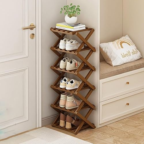 kiss me Bamboo Folding Shoe Rack,Vertical Narrow Shoe Rack,Small Shoe Racks,Without Installation,Shoe Racks Storage,Wooden Narrow Tall rack Indoor for Hallway, Entryway (Brown 6 Tier)