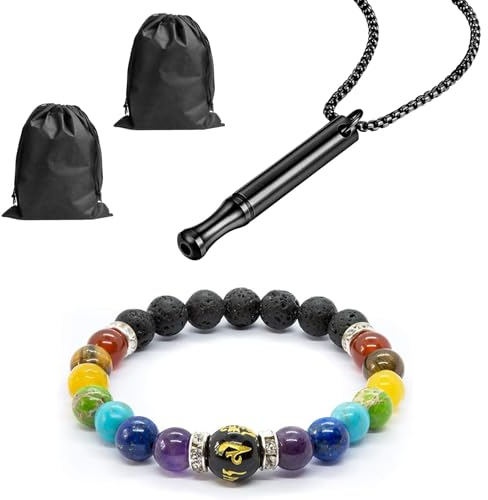 Uirheurd 1 Atmungshalskette,1 Vulkanstein-Armband,1 und 2 Aufbewahrungsbeutel,Edelstahl Mindful Stressabbau Halskette,Rauchfrei Hilfsmittel,Rauchfreies Hilfsmittel,Atemkette,Meditations-Atemhalskette