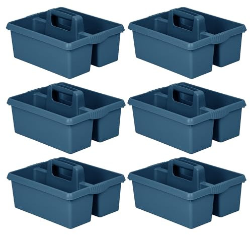 6 X Heavy Duty Large Plastic Handy Kitchen Tool Cleaning Tool Box with Handle Utility Storage Tidy Organiser Tote Tray Two Compartment Cleaners Carry Caddy Multipurpose Cleaning Tools - Navy Blue