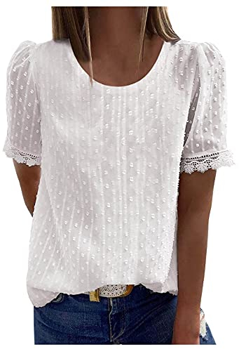 Bluse Damen Kurzarm - Boho Spitzen Oberteile Damen, V-Ausschnitt Doppellagig Tunika Elegant Frühling T-Shirt Tops Curvy Mode Trachtenbluse Sommer Trachtenshirt Festliche Blusen WeiB M