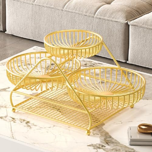 JUNYFFF Frutero Cesta De Frutas Frutero De 3 Pisos, Fruteros De Cocina De 3 Niveles, Cesta De Verduras Cesta Metal para Frutas, Verduras, Aperitivos En Casa, Cocina Oficina,Oro