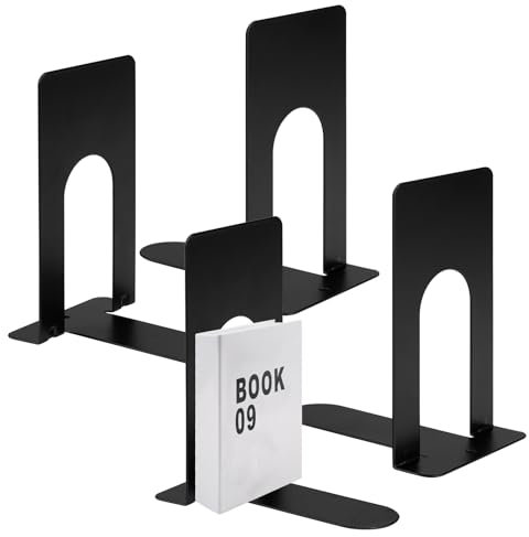 Buchstütze Metall, 4er Pack Buchstützen 80 x 70 x 130mm, Bücherhalter für Bücher, Magazine und DVDs Organzier, Schwarz Bücher Halterung Regal für Kinder, Schule, Bibliothek
