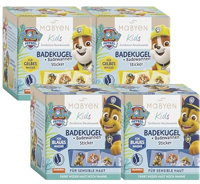 MABYEN PAW PATROL Kids Badekugel Set | Naturkosmetik - Kinder Badezusatz + Sticker – Badewanne - 2x blaue Badekugel Chase mit Blaubeerduft, 2x gelbe Rubble mit Tropical Duft – Geschenkset – Badespaß.