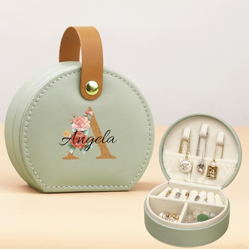 iDIY Personalisierte Geschenke mädchen Schmuckkästchen personalisiert- schmuckkästchen mädchen mit Name Initialen, Geburtstagsblume Geburtstag-, Geschenk für Mädchen Freundin Alphabet-Grün