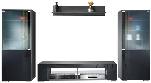 Vladon Wohnwand Nevada V2, Anbauwand bestehend aus 2 Vitrinen, 1 TV-Board und 1 Wandregal Anthrazit matt/Schwarz Hochglanz (304,5 x 141 x 39 cm)