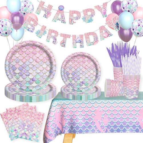 Party Inspo Mermaid Birthday Party Supplies Decorations Set, Little Mermaid Birthday Tableware with Balloon Banner Tablecloth Plates Napkins Cups Forks