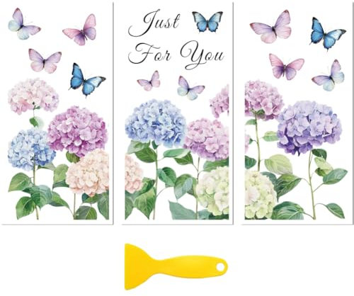 Peacoblue Rub on Transfer Decal Sticker for Furniture Craft Decor 6x12 Hydrangea Bush and Butterfly, 3Pcs Waterproof UV DTF Transfer for Drawer Dresser Glass Porcelain Wood Plastic Window