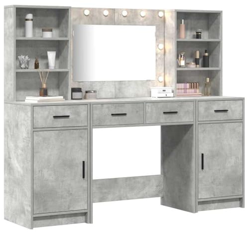 vidaXL Schminktischset mit LED mit Tür 3 pcs Beton Grau Holzwerkstoff, Schminktisch Set, modernes Make-up, LED Spiegellichter, Kosmetikaufbewahrung, minimalistisches Design, Holzschrank