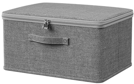 XLSBZ Fabric Storage Box with Lids,Foldable Storage Box with Lock,Grey Stackable Wardrobe Storage Organiser,Storage Baskets for Clothes Toys (30x20x14cm)