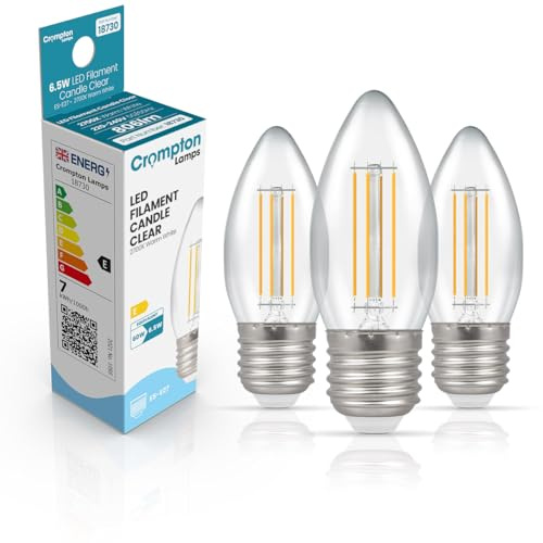 Crompton Lamps Filament Candle LED Light Bulb ES-E27 | 6.5W = 60W Equivalent | Warm White 2700K | Energy Efficient | Edison Screw Lightbulb | Long Life 15,000-Hrs | Clear Glass | Dimmable | 3-Pack