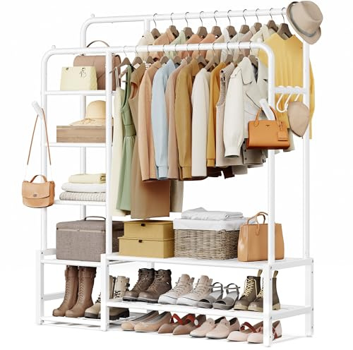 SONGMICS Perchero, Armario Abierto, con 7 Estantes, Estructura de Metal, Barra de Colgar, para Dormitorio, Salón, Entrada, Blanco HSR182WG01