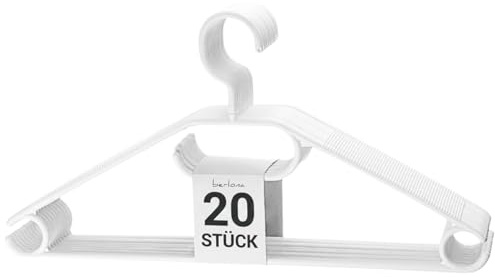BERLONA Kleiderbügel mit 360° Drehhaken, 20 Stück, rutschfest - Weiß | Kleidung bequem aufhängen und durchsehen, Hosensteg und Gürtelhaken für Accessoires, 41 x 21 cm, hergestellt in der EU