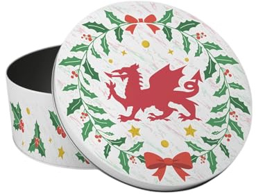 Purely Home Welsh Dragon Christmas Cake Tin - Cymru Wales Souvenir Gifts - Small Round Metal Storage Container for Baking 18 x 7cm