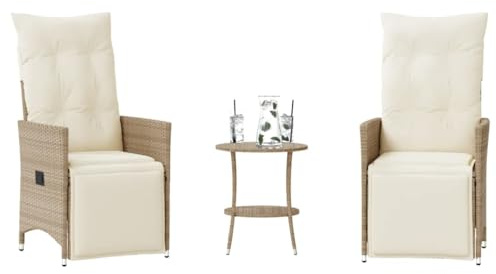 Yunovire 3-TLG. Bistro-Set Beige, Poly Rattan Gartenmöbel mit Kissen, verstellbare Relaxsessel für Balkon, Terrasse, Outdoor-Gespräche, UV-beständig